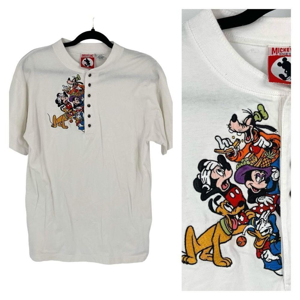 Vintage Disney Mickey Inc‎ Mickey Mouse Short Sleeve Henley Shirt White Size S/M